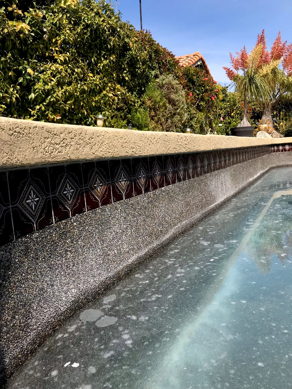 Same pool waterline tile after calcium removal — vibrant and clean